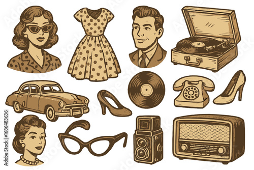Vintage retro collection of hand-drawn fashion and lifestyle icons featuring classic 1950s style clothing, accessories, technology, and portraits in detailed vector cartoon illustration