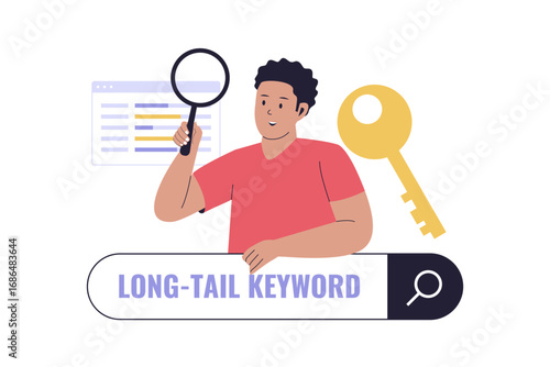 Long-Tail Keyword Research for SEO. A Professional Analyzing Long-Tail Keywords, Highlighting the Importance of Specific Queries for Boosting Website Ranking and Traffic. Flat Vector Illustration.