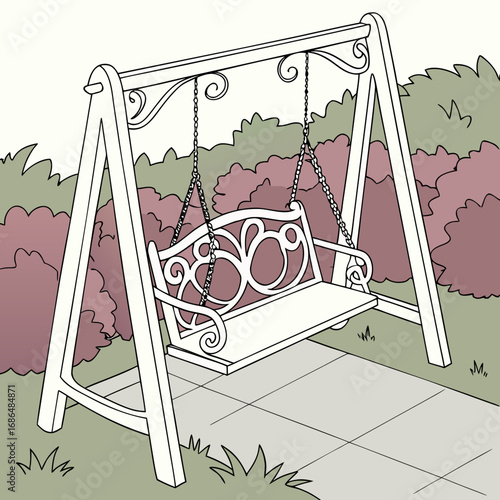 a white bench swing in a garden
