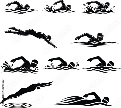 Swimming Sport Athlete Silhouettes in Action, Water Sports, and Fitness Training