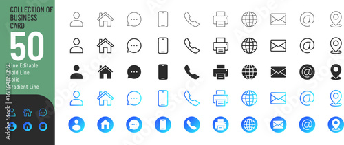 Collection of business card icons in various styles, line Editable, Bold Line, Gradient Line, and Solid Icons set. Vector illustration of business card related icons: name, address, phone number.