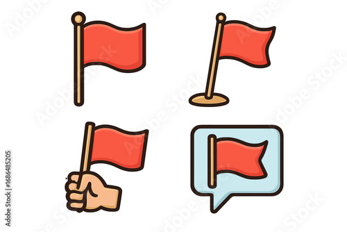 Red flag icon set. Metaphor for warning, danger, problem, and risk. Hand holding flag, speech bubble. Vector illustration. Alert, signal, caution. Critical issue symbol.