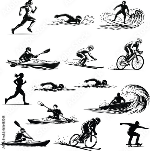 Set of dynamic sport silhouettes and icons illustrating various athletic disciplines like running, swimming, cycling, and surfing