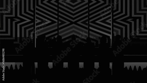 Silhouette of people in front of a geometric patterned wall with vertical lines and dark foreground