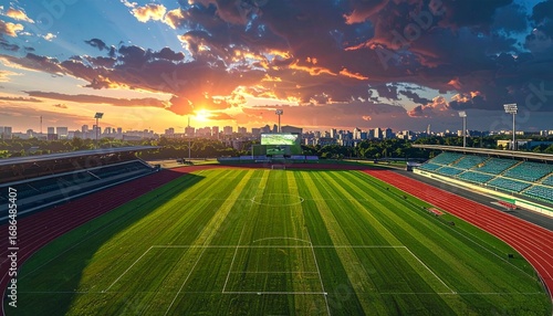 Aerial view of a stadium at sunset, showcasing a vibrant green field and surrounding cityscape.