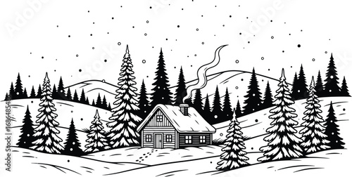 Snowy Winter Retreat A Cozy Cabin Illustration Amidst Pine Trees and Snowflakes