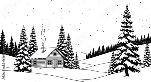 Idyllic winter scene depicting a cozy cabin surrounded by snow-covered pine trees and gentle hills, capturing the serene beauty of a snowy landscape perfect for seasonal tranquility