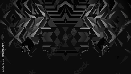 A grayscale image of two cowboys riding horses against a geometric patterned background in a symmetrical design silhouette
