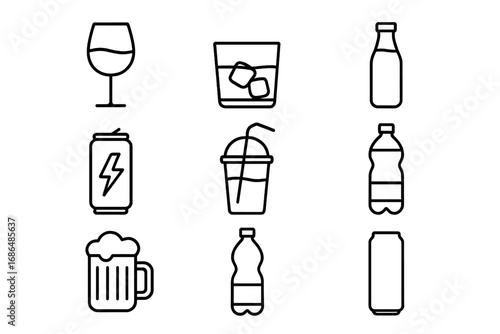 Beverage and drink thin line icon set. Collection of alcohol, beer, wine, whiskey, soda, juice and energy drink outline symbols. Minimalist vector pictograms for web and apps.
