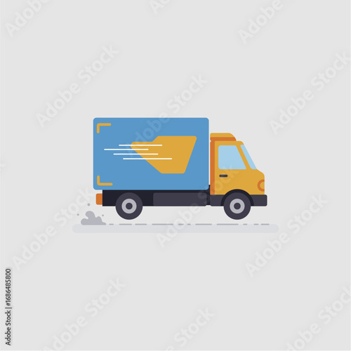 Fast delivery truck speeding along, blue and orange, efficient transport.