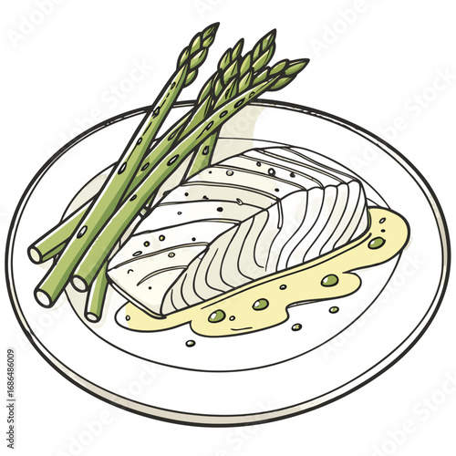 Halibut with Beurre Blanc Sauce Vector Illustration – Fine Dining Seafood Clipart. Perfect for: Michelin-style menus, fine dining branding, culinary posters