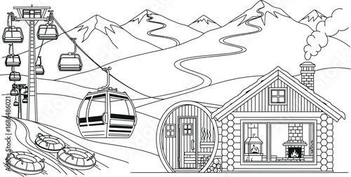 Winter mountain ski resort scene with a log cabin, gondola lift, and outdoor sauna. Vector coloring book page for adults and kids