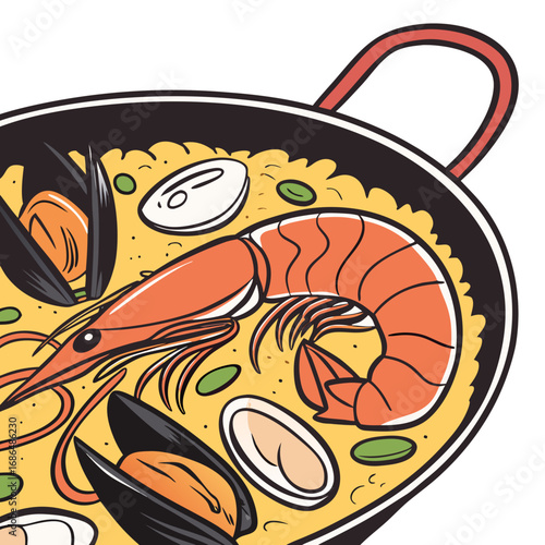 Spanish Seafood Paella Vector Illustration – Vibrant Gourmet Clipart. Perfect for: cultural festival posters, restaurant branding, recipe books