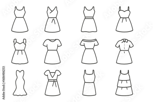 Dress line icon set. Woman clothes collection. Summer dresses outline symbols for web, apps. Fashion garment, apparel sign. Sundress, cocktail, evening gown vector pictogram.