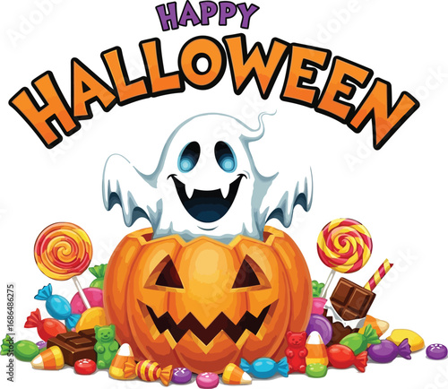 Vector art of happy halloween decoration with lantern, bat and pennant, for halloween party and celebration