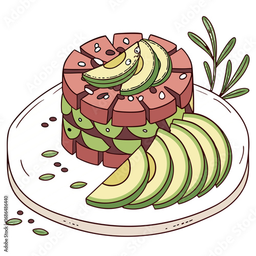 Tuna Tartare Tower Vector Illustration – Elegant Fine Dining Seafood Clipart. Perfect for: gourmet menus, upscale restaurants, culinary festival posters