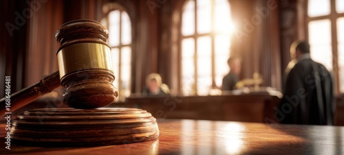 The gavel on the courtroom table during a legal proceeding at sunset.