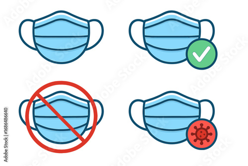 Medical face mask icon set. Virus protection, surgical mask with check mark, stop sign, and coronavirus symbol. Health safety, pandemic rules vector illustration concept.