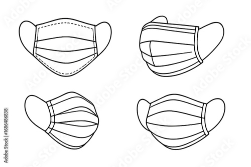 Medical face mask line icon set. Surgical disposable masks collection. Protective respiratory equipment for virus, covid, flu protection. Vector outline illustration.