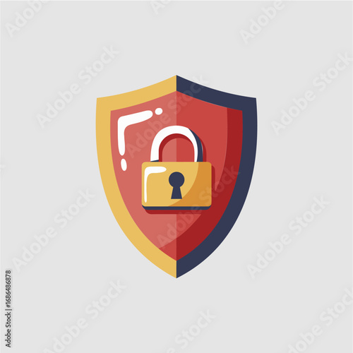 A flat design icon of a colorful shield with a locked golden padlock, symbolizing security, safety, and protection.