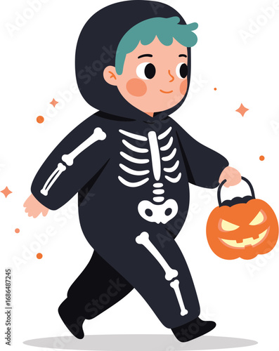 Cute Flat Style Little Boy Skeleton Costume with Pumpkin Bucket Illustration
