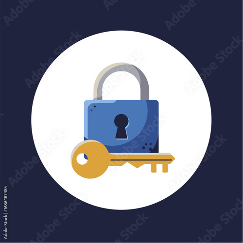 A blue padlock secured with a golden key, symbolizing protection and access within a white circle on a dark background.