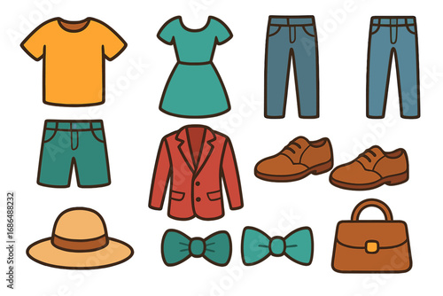 Fashion clothes and accessories icon set. Vector cartoon collection of man and woman apparel for web and apps. T-shirt, dress, jeans, blazer, shoes, hat, bag. Style.