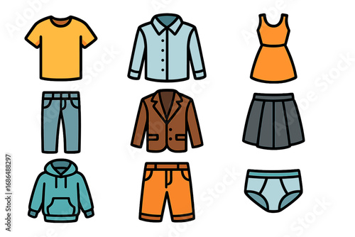 Set of colorful clothes icons for men and women. Fashion concept. Vector graphic collection with t-shirt, dress, pants, jacket, skirt, hoodie. Outline style for web, app, UI.