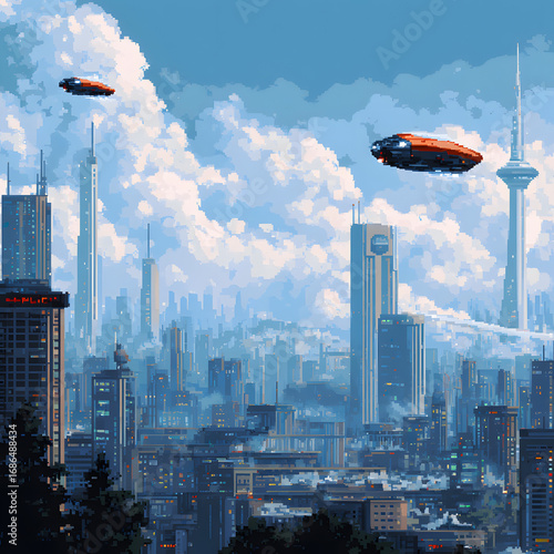 Futuristic Cityscape Featuring Flying Cars and Pixel Art Aesthetics in a Vibrant Urban Environment