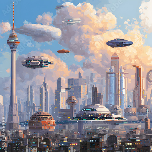 Futuristic Cityscape with Flying Cars and Tower in a Pixel Art Style