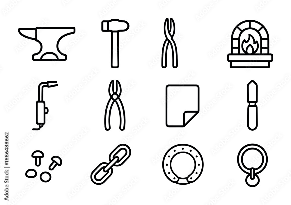 Obraz premium Metal Crafts Icons. Outline icon set of metal crafts: anvil, hammer, tongs, forge, welding torch, pliers,