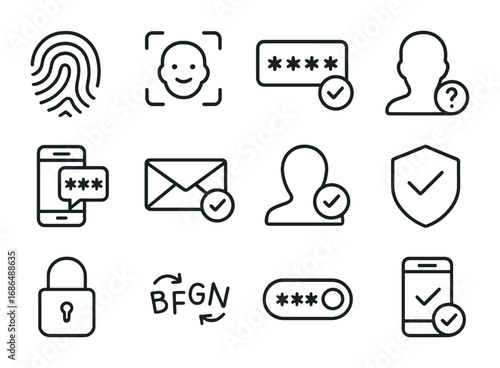 Secure Payment Icons. Outline icon set of secure payment verification: fingerprint, face ID, one-time password