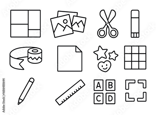 Collage Tools Icons. Outline icon set of photo collage creation: collage board, multiple photos, scissors,