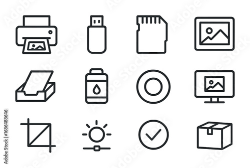 Digital Photo Icons. Outline icon set of digital photo printing: printer icon, USB stick, SD card, photo