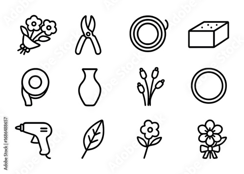 Floral Craft Icons. Outline icon set of floral crafts: flower bouquet, pruning shears, floral wire, foam block
