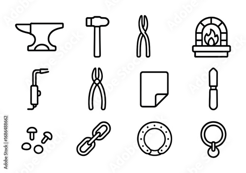 Metal Crafts Icons. Outline icon set of metal crafts: anvil, hammer, tongs, forge, welding torch, pliers,