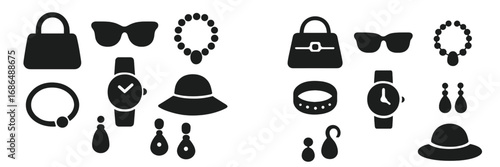 Fashion accessories collection featuring bags, jewelry, and eyewear displayed in a stylish arrangement