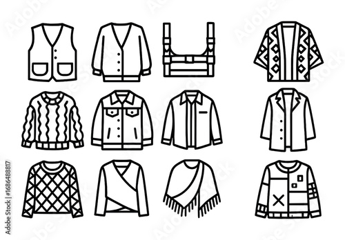 Bold Layering Icons. Outline icon set of bold layering pieces: statement vests, oversized cardigans, leather
