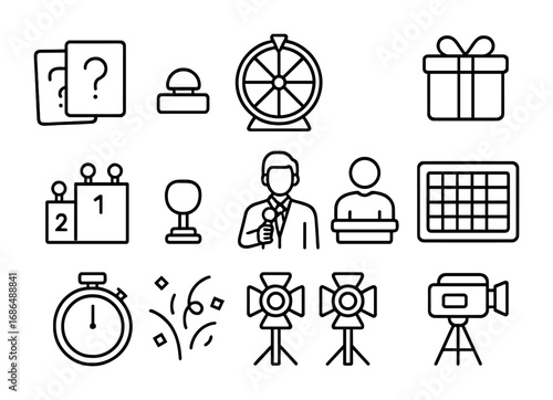 Classic Game Show Icons. Outline icon set of classic game shows: question cards, buzzer, spinning wheel, prize