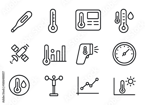 Temperature Tool Icons. Outline icon set of temperature measurement tools: digital thermometer, mercury