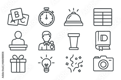 Word Game Elements. Outline icon set of word game shows: letter tiles, timer, buzzer, scoreboard, contestant,