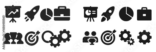 Business concepts represented through black icons depicting growth, teamwork, and strategy in a corporate environment