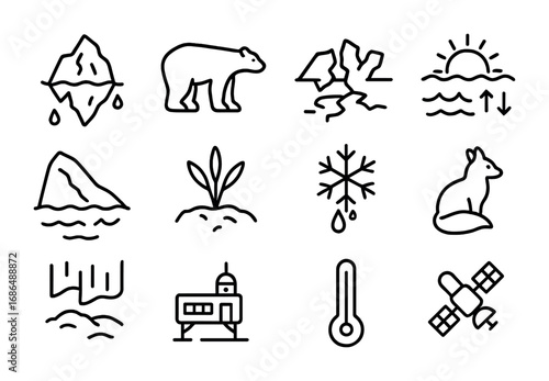 Arctic Warming Icons. Outline icon set of polar and arctic warming: melting iceberg, polar bear, cracked ice,
