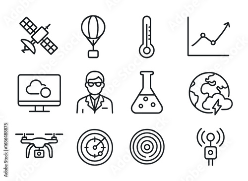 Climate Research Icons. Outline icon set of climate research and monitoring: satellite, weather balloon,