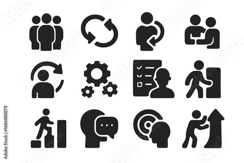 Icons representing teamwork, collaboration, and personal development in a minimalist style