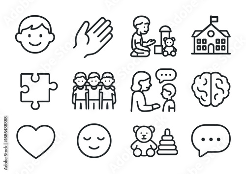 Children's Mental Health Icons. Outline icon set of Children’s mental health: smiling child, parent hand, play