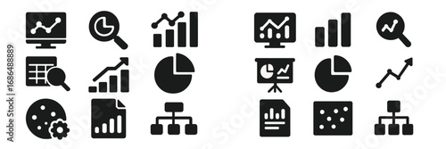 Collection of analytical and statistical icons representing data visualization and management concepts in a modern workspace