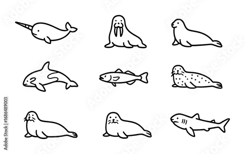 Arctic Marine Animal Icons. Outline icon set of Arctic marine animals: narwhal, beluga whale, walrus, seal,