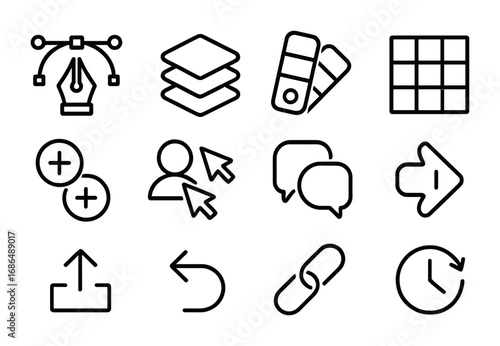 Collaborative Design Tools. Outline icon set of Collaborative design tools: vector pen, layers panel, color