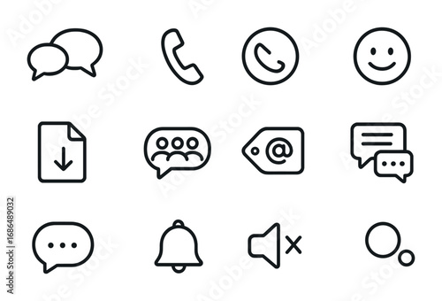 Communication App Icons. Outline icon set of Team communication apps: chat bubbles, voice call, video call,